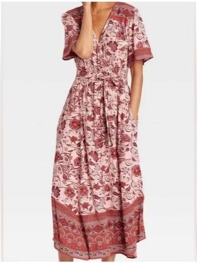 Knox Rose Floral Bohemian Short Sleeve V-neck Wrap Belted Maxi Dress